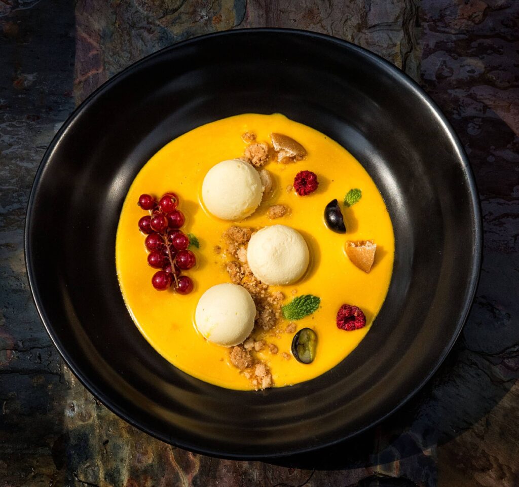 Aamras, mango cheese cake and jaggery batasha indian sweet