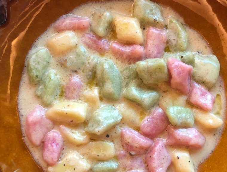Colourful potato gnocchi in brown butter sauce at oberoi threesixty by chef antonello giglio