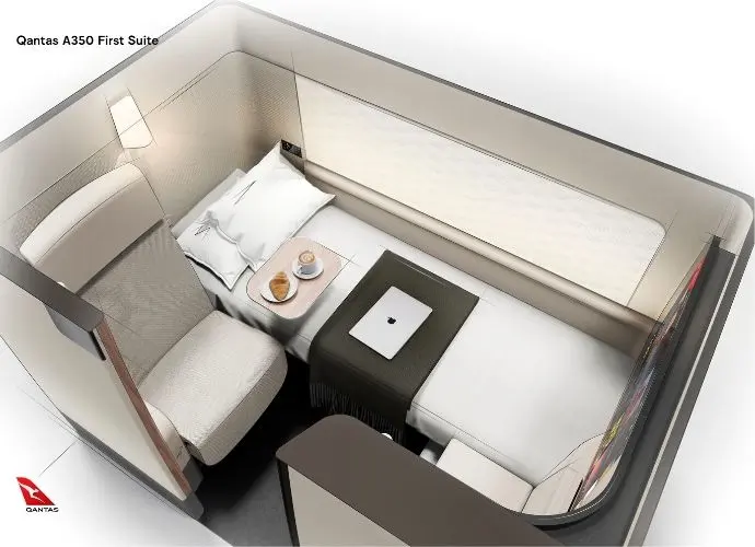 Qantas' Project Sunrise, The Longest Long-Haul Flight Ever, Is Finally On The Horizon 2 Six first-class suites will offer absolute comfort on the long journey. Rendering: courtesy qantas.