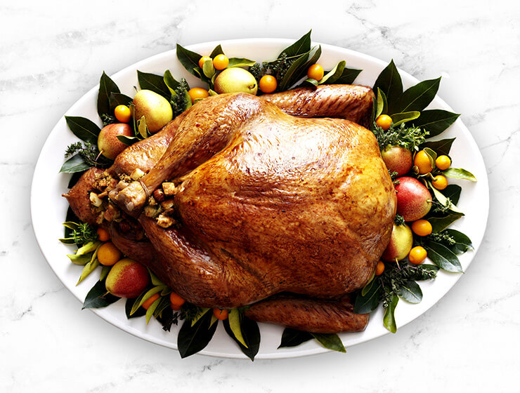 Gourmet baked turkey, plated and garnished.