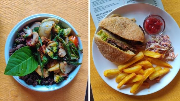 Cantare's chicken rice bowl (left); and the beef poee sandwich (right) which is a hit. Images: joanna lobo.