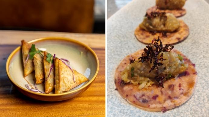 Living La Vida Local 4 Tambdi bhaji samosas (left); and brinjal bharth on chapati at vida.
