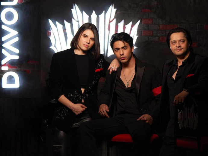 L-r leti blagoeva, aryan khan and bunty singh launch dyavol vodka india. Image: instagram.